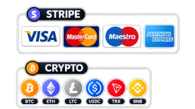 Card and cryptocurrency payments: Stripe, Visa, Mastercard, Maestro, American Express, Bitcoin, Ethereum, Litecoin, USDC, TRX and BNB